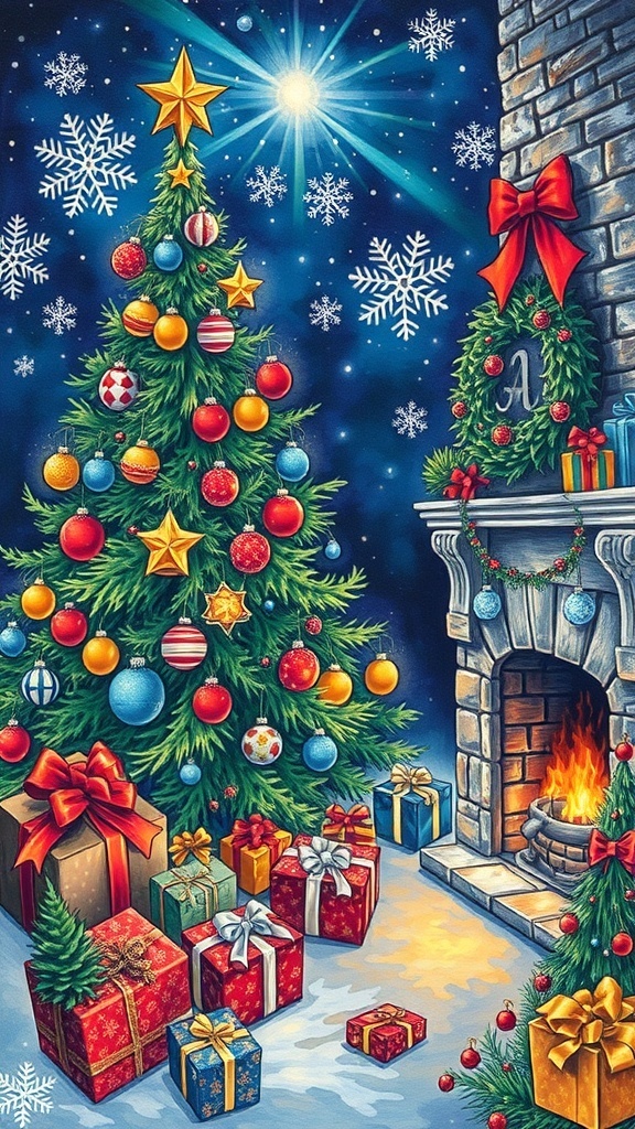 Intricate Christmas coloring page with a decorated tree, presents, and a fireplace.
